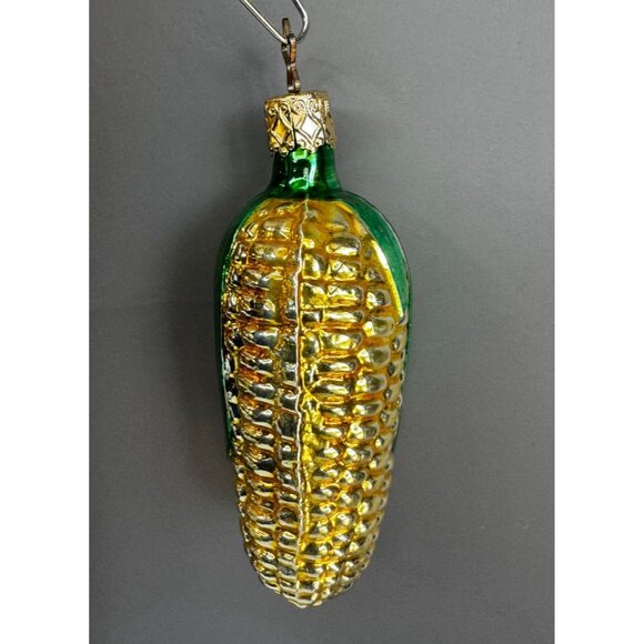 Inge Glass Style Blown Glass Corn Ornament Green & Gold 4" Vintage German - Picture 6 of 6